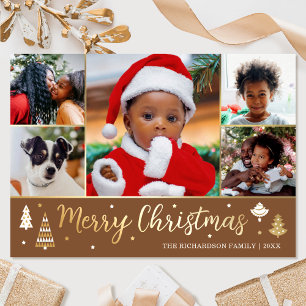 Tarjeta Festiva Con Relieve Metalizado Personalizado Gold Christmas Tree Photo Brown Luxu