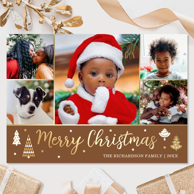 Tarjeta Festiva Con Relieve Metalizado Personalizado Gold Christmas Tree Photo Brown Luxu (Subido por el creador)