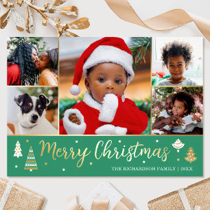 Tarjeta Festiva Con Relieve Metalizado Personalizado Gold Christmas Tree Photo Green Luxu