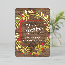 Tarjeta Festiva Con Relieve Metalizado Personalizado Red Berries Green Holly Foliage Gold