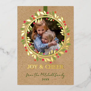 Tarjeta Festiva Con Relieve Metalizado Personalizado Red Berries Green Leyes Wreath Gold