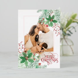 Tarjeta Festiva Con Relieve Metalizado Personalizar Foto Rojo Feliz Navidad