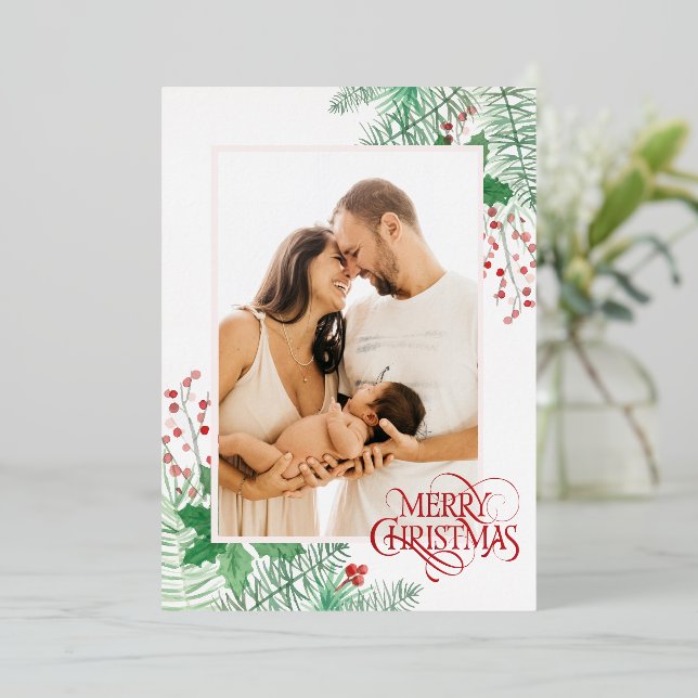 Tarjeta Festiva Con Relieve Metalizado Personalizar Foto Rojo  Feliz Navidad (Anverso de pie)