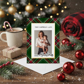 Tarjeta Festiva Con Relieve Metalizado Personalize Colorful Modern Plaid Photo Christmas 