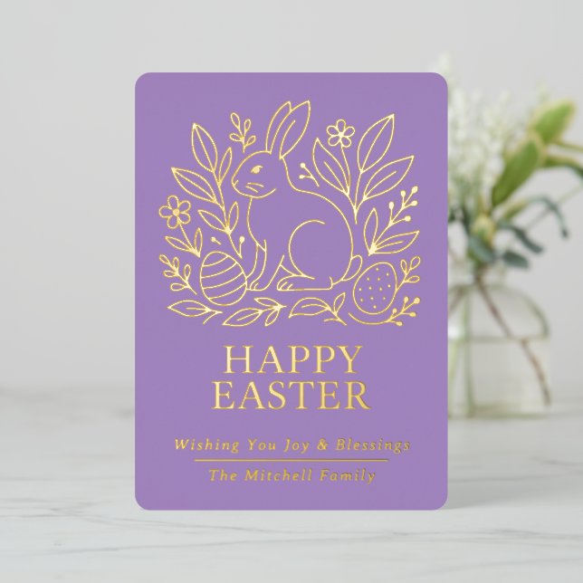 Tarjeta Festiva Con Relieve Metalizado Personalized Spring Easter Bunny Gold Floral (Anverso de pie)