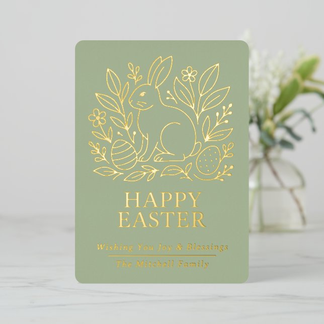 Tarjeta Festiva Con Relieve Metalizado Personalized Spring Easter Bunny Gold Floral (Anverso de pie)