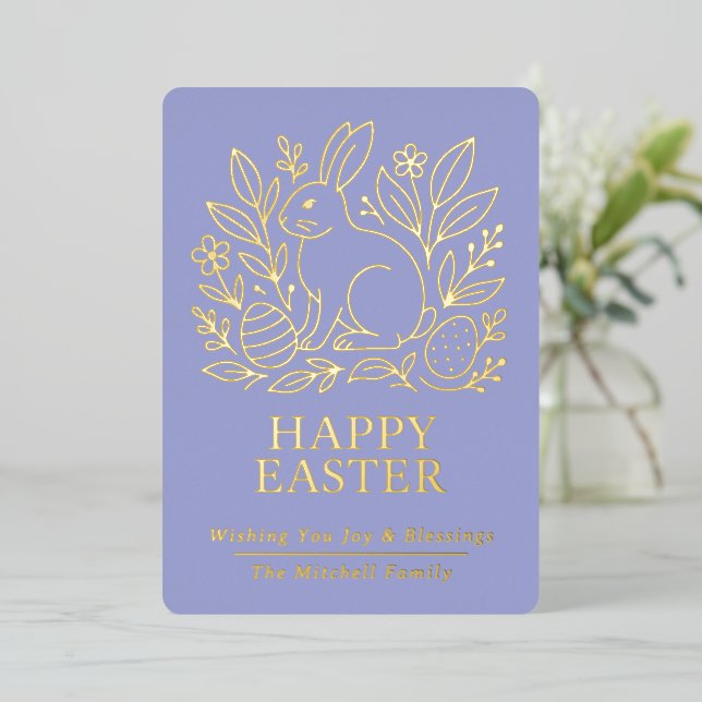 Tarjeta Festiva Con Relieve Metalizado Personalized Spring Easter Bunny Gold Floral (Anverso de pie)