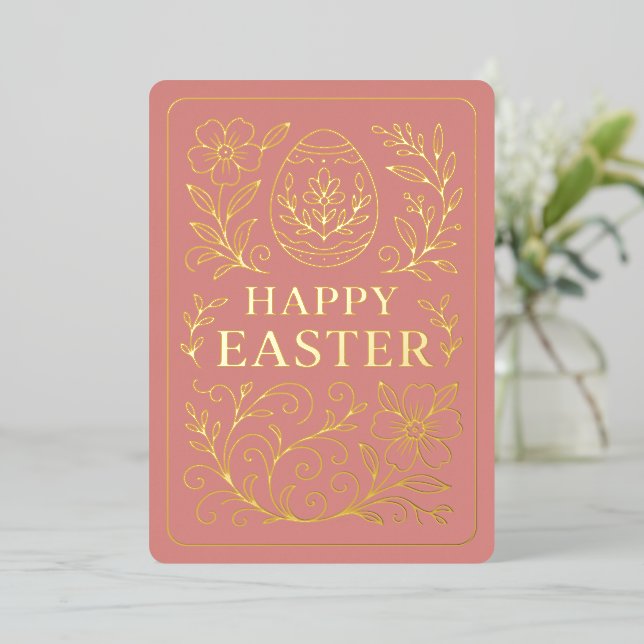 Tarjeta Festiva Con Relieve Metalizado Personalized Spring Easter Egg Gold Floral (Anverso de pie)