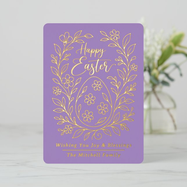 Tarjeta Festiva Con Relieve Metalizado Personalized Spring Easter Egg Gold Floral (Anverso de pie)