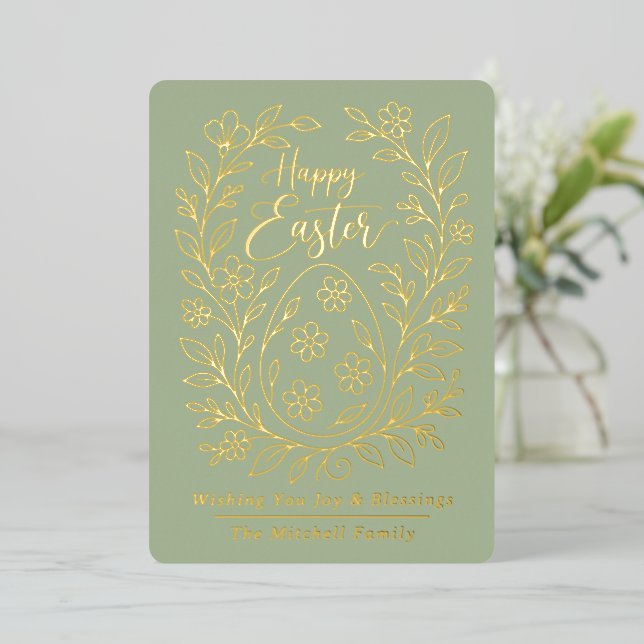 Tarjeta Festiva Con Relieve Metalizado Personalized Spring Easter Egg Gold Floral (Anverso de pie)