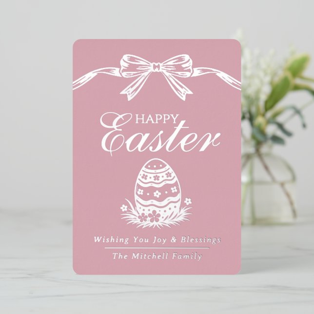 Tarjeta Festiva Con Relieve Metalizado Personalized Spring Easter Egg Silver Bow (Anverso de pie)