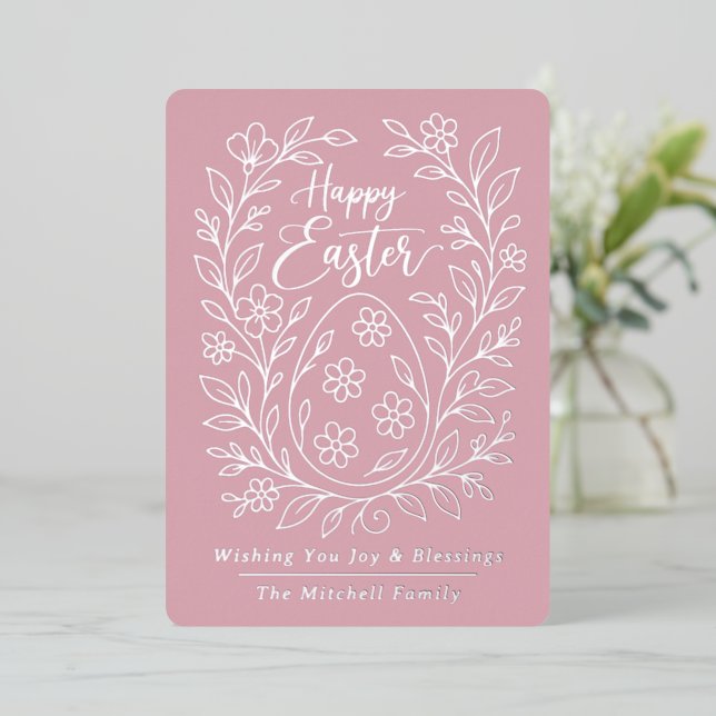 Tarjeta Festiva Con Relieve Metalizado Personalized Spring Easter Egg Silver Floral Foil (Anverso de pie)