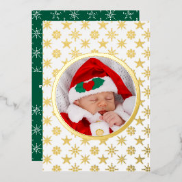 Tarjeta Festiva Con Relieve Metalizado Photo Santa Baby Snowflakes White Gold Green BKGRD