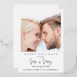 Tarjeta Festiva Con Relieve Metalizado Photo Whimsical MR & MRS Christmas Wedding<br><div class="desc">Photo Whimsical MR & MRS Christmas Wedding Metallic Foil Save the Date Card with Envelope. If you want to coordinate the back, I suggest you use the following color codes: Gold #CBB068 - Silver #B3B3B3. IMPORTANT NOTICE: This design is part of a collection and has other coordinated elements that you...</div>