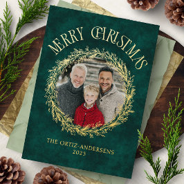 Tarjeta Festiva Con Relieve Metalizado Photo Wreath Gold Foil Christmas Card