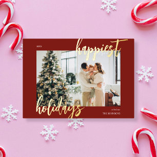 Tarjeta Festiva Con Relieve Metalizado Pincel de Felices Fiestas Escritura Foto Rojo
