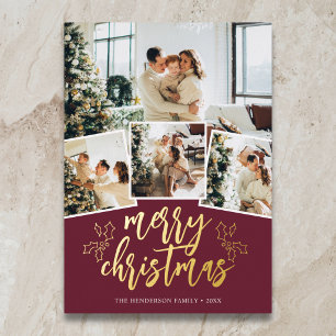 Tarjeta Festiva Con Relieve Metalizado Pincel de Navidad Feliz Foto Script