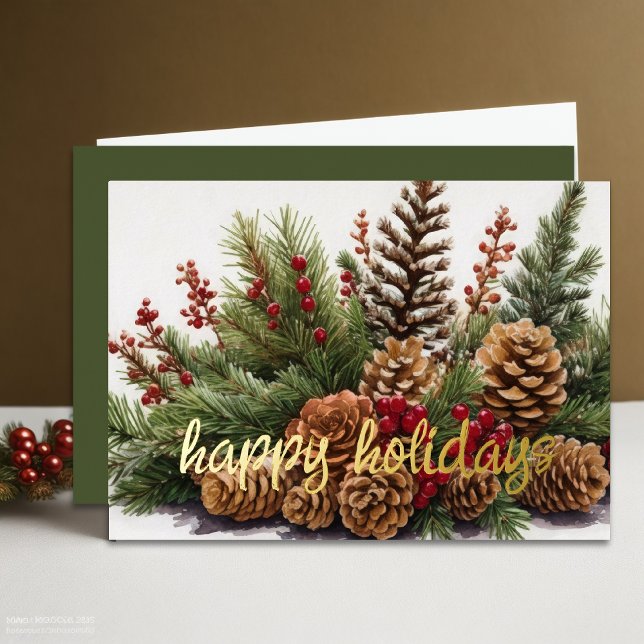 Tarjeta Festiva Con Relieve Metalizado Pine Cone Evergreen Red Berries Rustic (Subido por el creador)