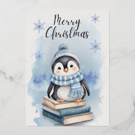 Tarjeta Festiva Con Relieve Metalizado Pingüino Navidades de acuarela
