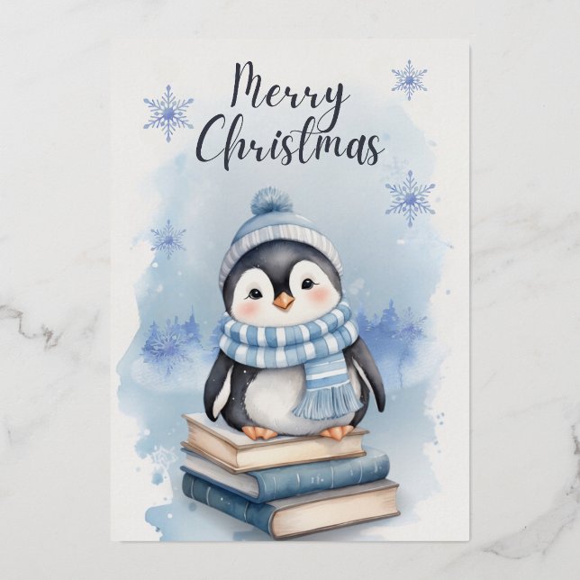 Tarjeta Festiva Con Relieve Metalizado Pingüino Navidades de acuarela (Anverso)