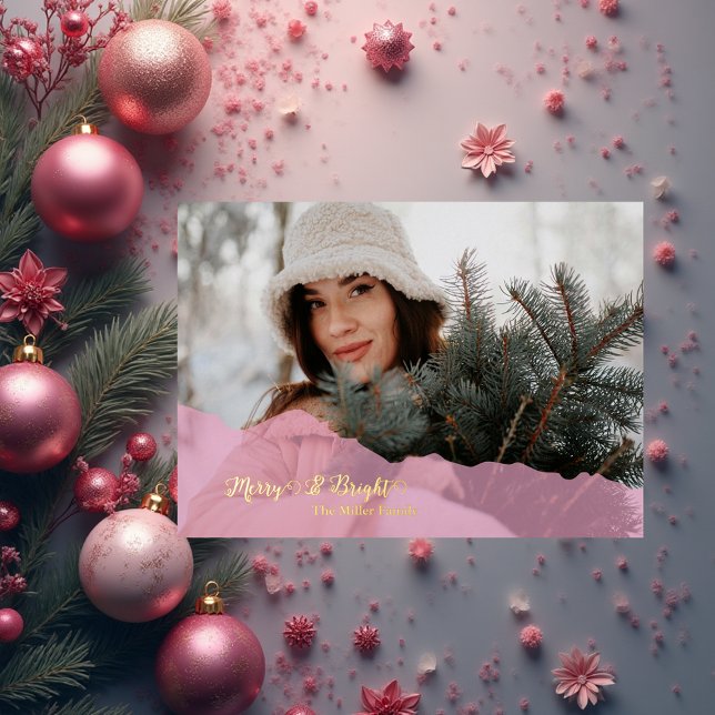 Tarjeta Festiva Con Relieve Metalizado pink Merry & Bright Christmas family Photo gold (Subido por el creador)