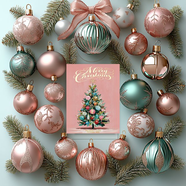 Tarjeta Festiva Con Relieve Metalizado Pink Velvet Christmas Tree Foil Holiday Card (Festive Blush Pink Paint Stroke Christmas Tree Foil Christmas Card )