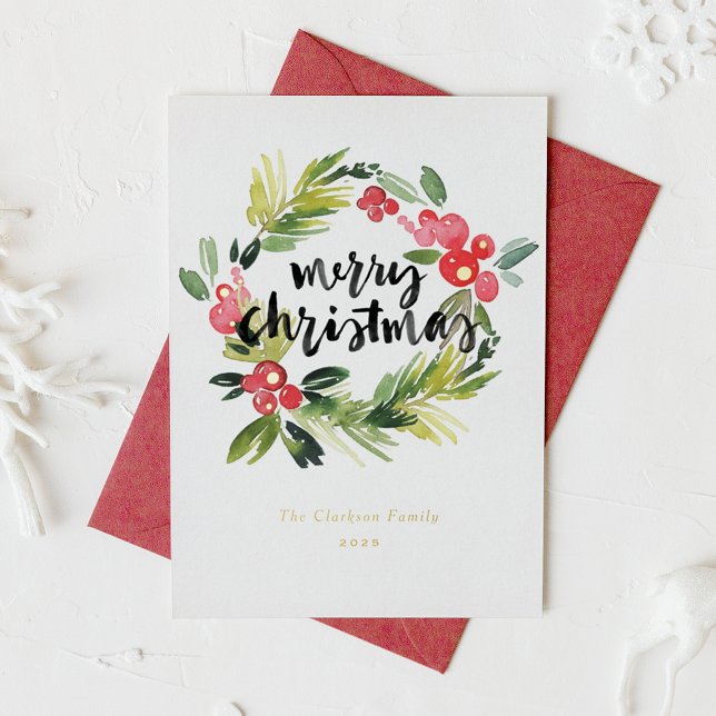 Tarjeta Festiva Con Relieve Metalizado Pino acuarela y Holly Wreath Feliz Navidad (Subido por el creador)
