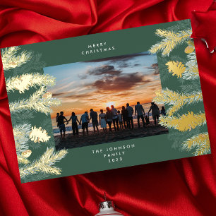 Tarjeta Festiva Con Relieve Metalizado Pino Dorado Feliz Navidad Foto Esmeralda