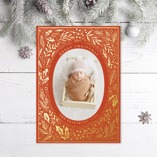 Tarjeta Festiva Con Relieve Metalizado Pino Tradicional y Acebo