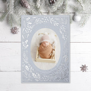 Tarjeta Festiva Con Relieve Metalizado Pino Tradicional y Acebo Hielo Azul