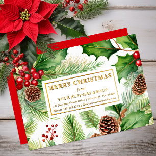 Tarjeta Festiva Con Relieve Metalizado Piñones Bayas Negocios Navidad Fiesta
