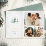 Tarjeta Festiva Con Relieve Metalizado Pinos acuarelas 3 Navidades de Collage de fotos<br><div class="desc">Eleva tus saludos con nuestra tarjeta de Navidades de fotos de Relieve metalizado. Muestra un delicioso collage de tres fotos a la derecha, mientras que el lado izquierdo deslumbra con un fondo de color azul pálido y pinos adornados con estrellas de Relieve metalizado dorado y polvo. "Feliz" en serif type...</div>