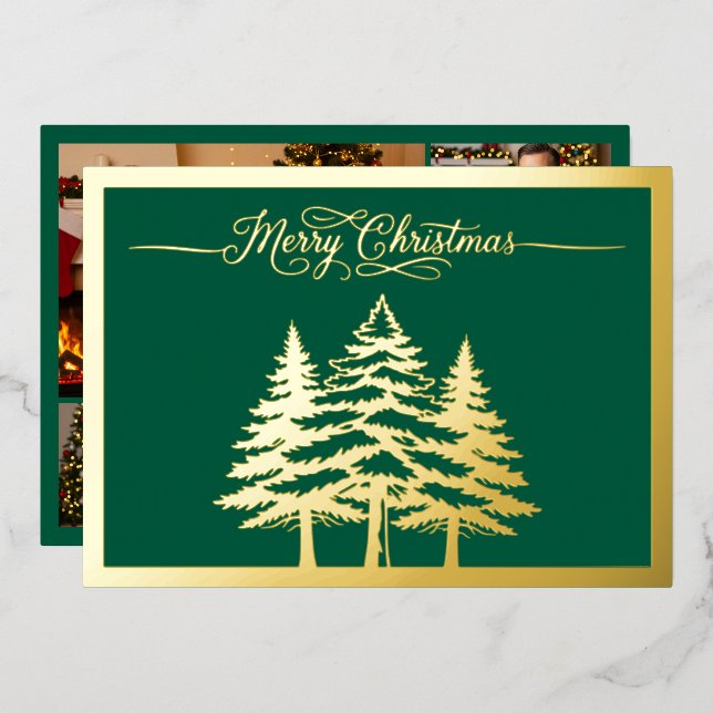 Tarjeta Festiva Con Relieve Metalizado Pinos y Feliz Navidad en verde, oro (Anverso/Reverso)