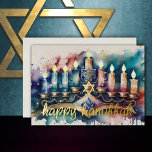 Tarjeta Festiva Con Relieve Metalizado Pintado acuático de Menorah Happy Hanukkah<br><div class="desc">Árboles pintados Felices Hoildays</div>