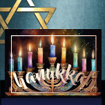 Tarjeta Festiva Con Relieve Metalizado Pintado acuático de velas de colores Menorah<br><div class="desc">Pintado acuático de Menorah con velas coloridas</div>