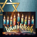 Tarjeta Festiva Con Relieve Metalizado Pintado acuático de velas de colores Menorah<br><div class="desc">Pintado acuático de Menorah con velas coloridas</div>