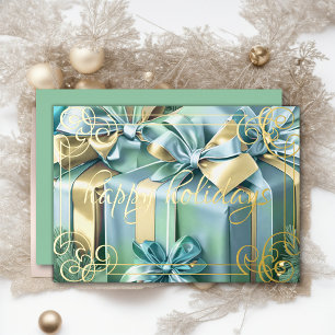 Tarjeta Festiva Con Relieve Metalizado Pintando Navidades Regalos Mint Azul Verde