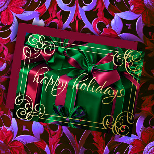 Tarjeta Festiva Con Relieve Metalizado Pintando regalos de Navidad verde esmeralda burgun