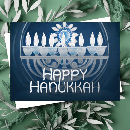 Tarjeta Festiva Con Relieve Metalizado Pintura azul y blanca de la menorá de Hanukkah