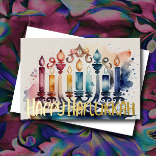 Tarjeta Festiva Con Relieve Metalizado Pintura de acuarela Resumen Hanukkah Menorah