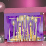 Tarjeta Festiva Con Relieve Metalizado Pintura de color de agua de las velas moradas de M<br><div class="desc">Pintura de color de agua de las velas moradas de Menorah</div>