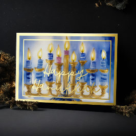Tarjeta Festiva Con Relieve Metalizado Pintura de color de las velas blancas de Menorah a