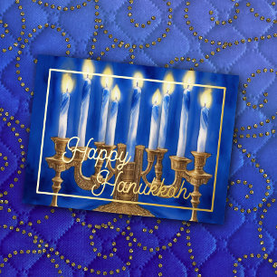 Tarjeta Festiva Con Relieve Metalizado Pintura de color de las velas blancas de Menorah a
