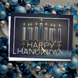 Tarjeta Festiva Con Relieve Metalizado Pintura de elegante Menorah Gold Blue