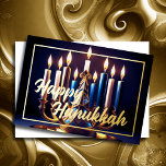 Tarjeta Festiva Con Relieve Metalizado Pintura de Hanukkah Menorah Oro Azul<br><div class="desc">Pintura de Hanukkah Menorah Oro Azul</div>