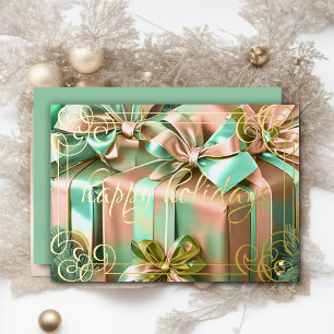 Tarjeta Festiva Con Relieve Metalizado Pintura de regalos de Navidad menta verde melocotó