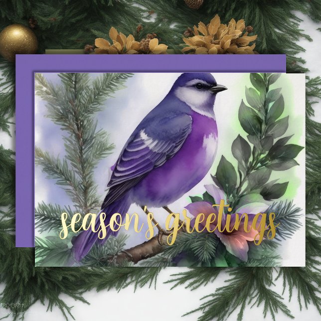 Tarjeta Festiva Con Relieve Metalizado Pintura del púrpura de pájaro invernal (Subido por el creador)