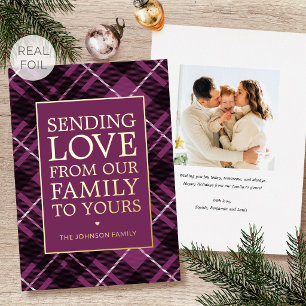 Tarjeta Festiva Con Relieve Metalizado Plaid de Navidad Foto Familiar Rosa Oscuro Lujo Do
