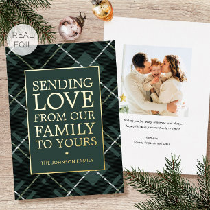 Tarjeta Festiva Con Relieve Metalizado Plaid de Navidad Foto Familiar Verde Lujo Oro