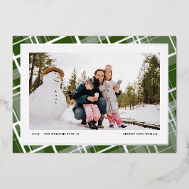 Tarjeta Festiva Con Relieve Metalizado Plaid Mínimo Una Foto Verde Real